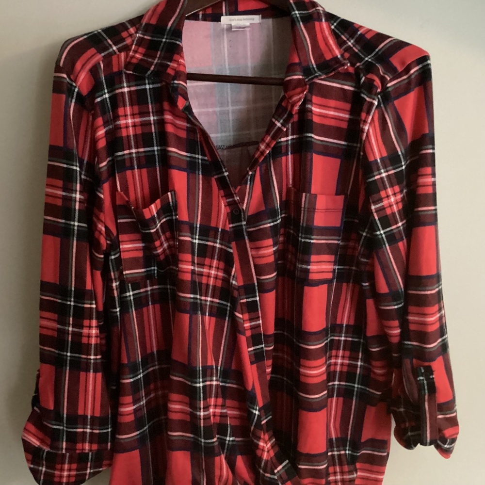 Ladies Red Plaid Crossover Size 2X Blouse “Don’t stop believing”